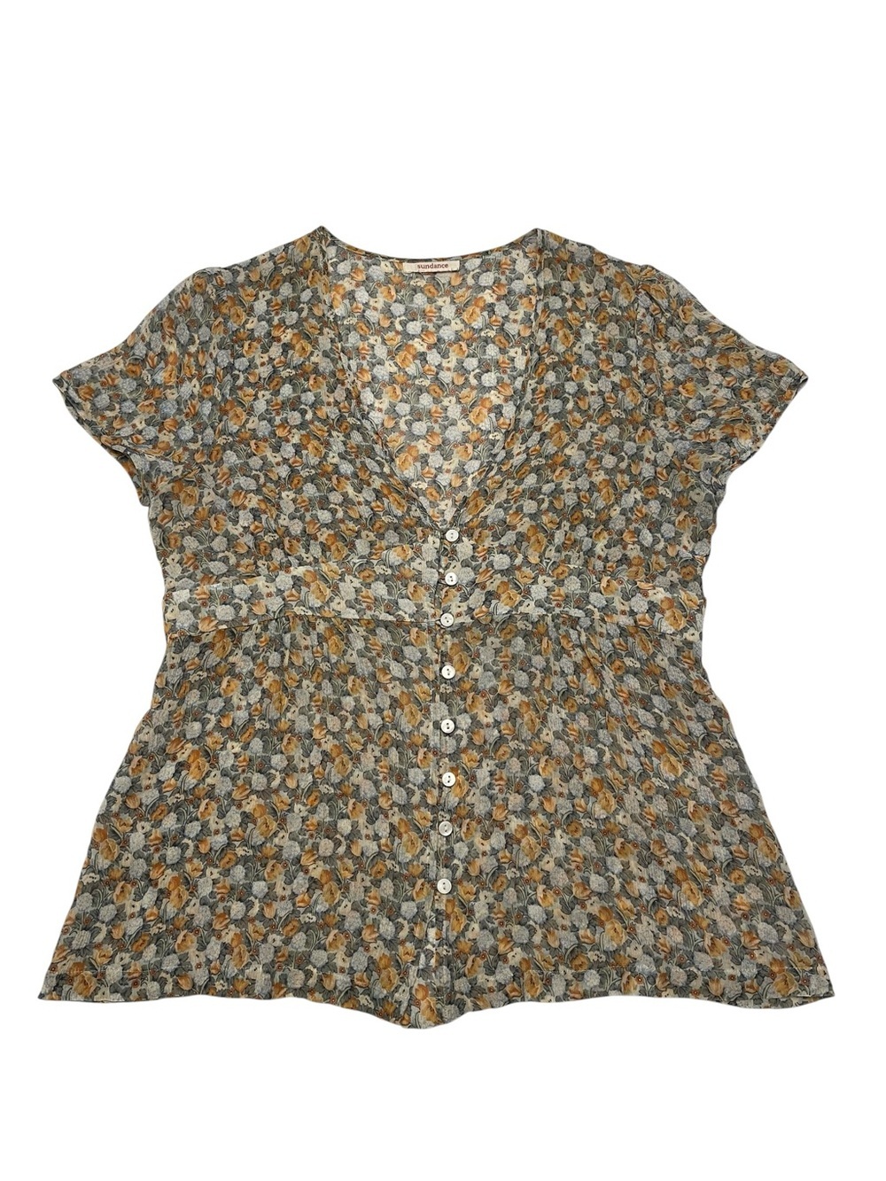 Sundance Ditsy Floral Button-Front Baby Doll Silk V-Neck Top - Mustard & Sage